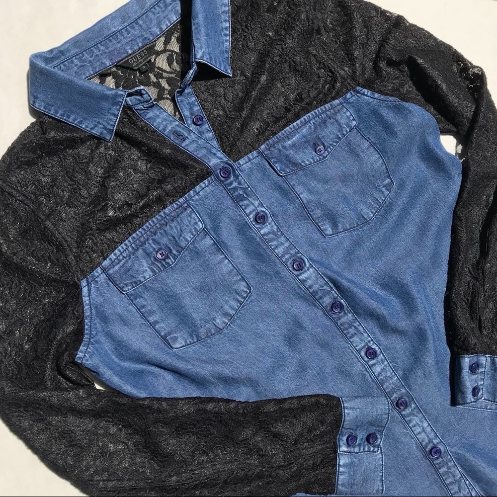 Guess jean button down top w black lace size small